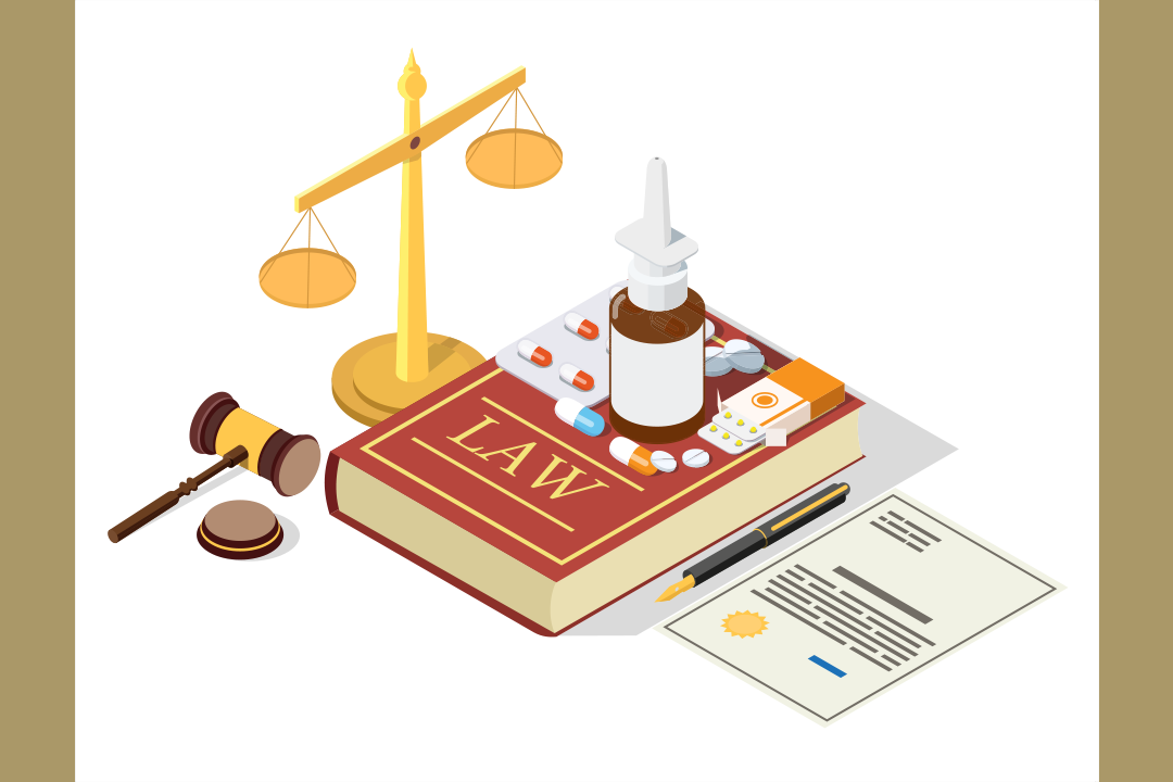 An illustration of a law book with a gavel and scales of justice on the side with medicine on top of the book.