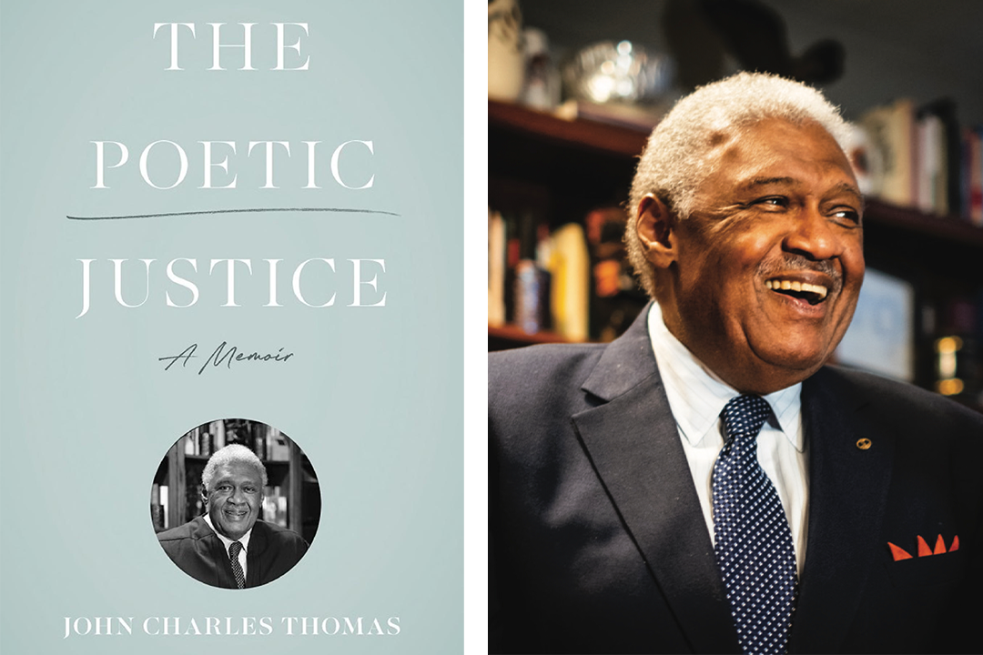 A book cover of "The Poetic Justice" on the left and on the right a headshot of Justice John Charles Thomas
