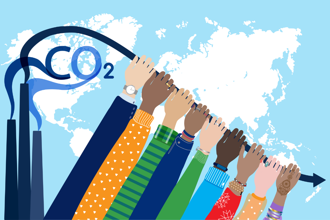 An illustration of a smoke stack with CO2 and an arrow pointing downwards with multicultural hands holding the line