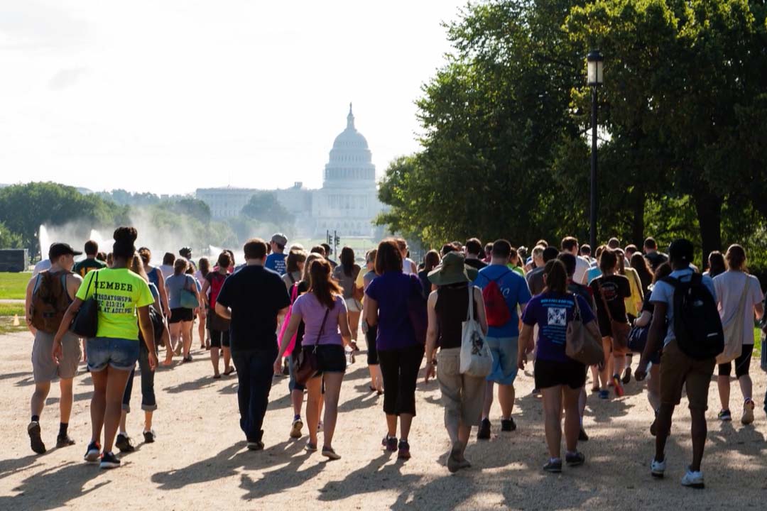 Group of students walking on national mall towards the Capitol