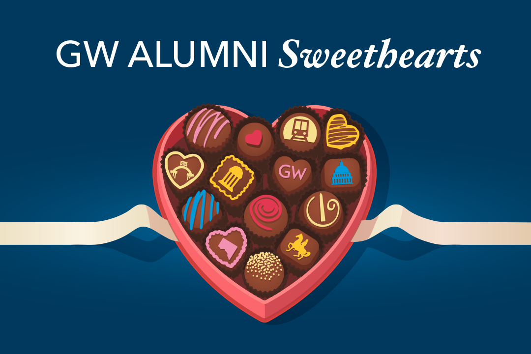 an illustration of a box of chocolates with the words GW Alumni Sweethearts above it