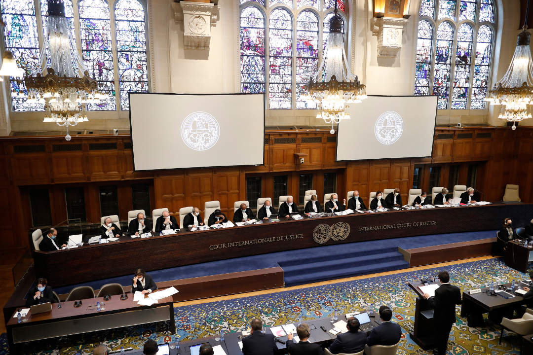 Judges sitting on the ICJ courtroom panel