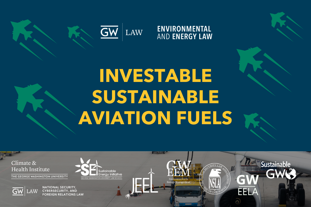 Investable Sustainable Aviation Fuels with a blue background and green jets around it. With program logos at the bottom