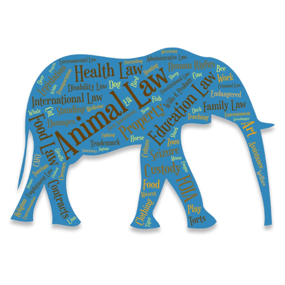 Blue elephant with animal law words written in it