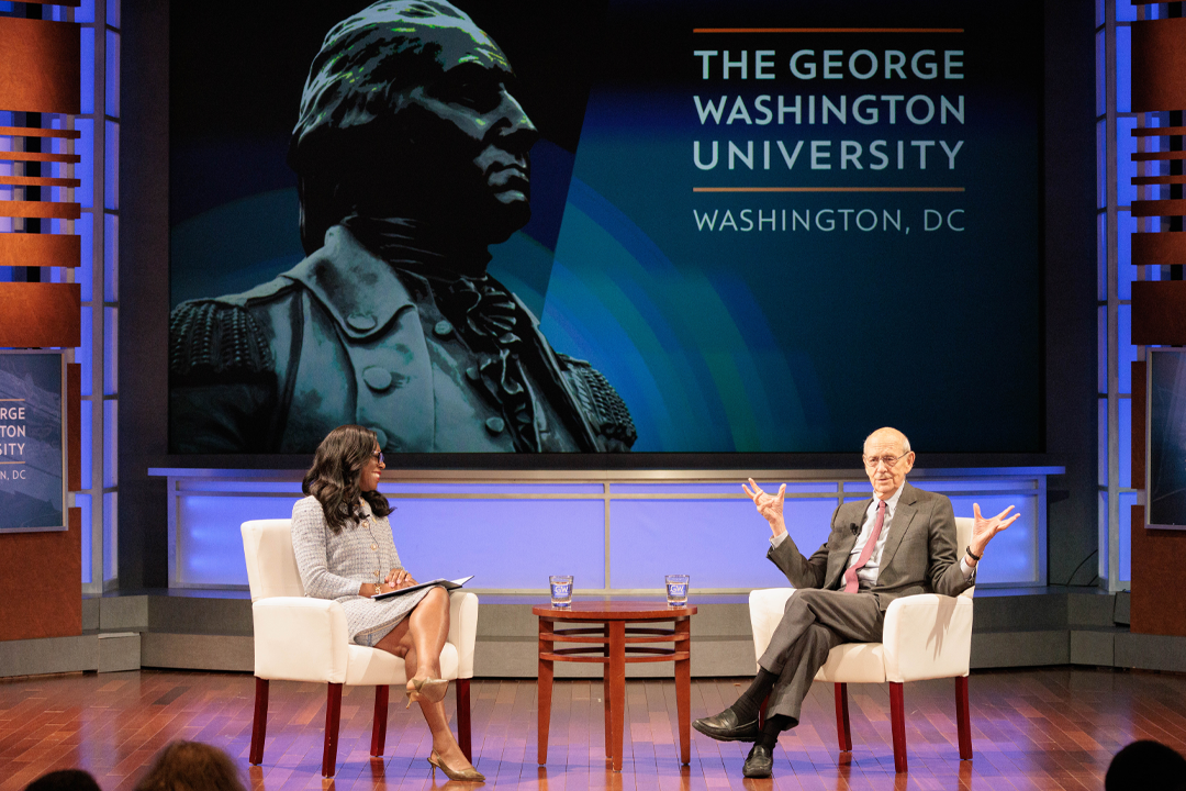 Dean Matthew interviewing Justice Breyer during an event