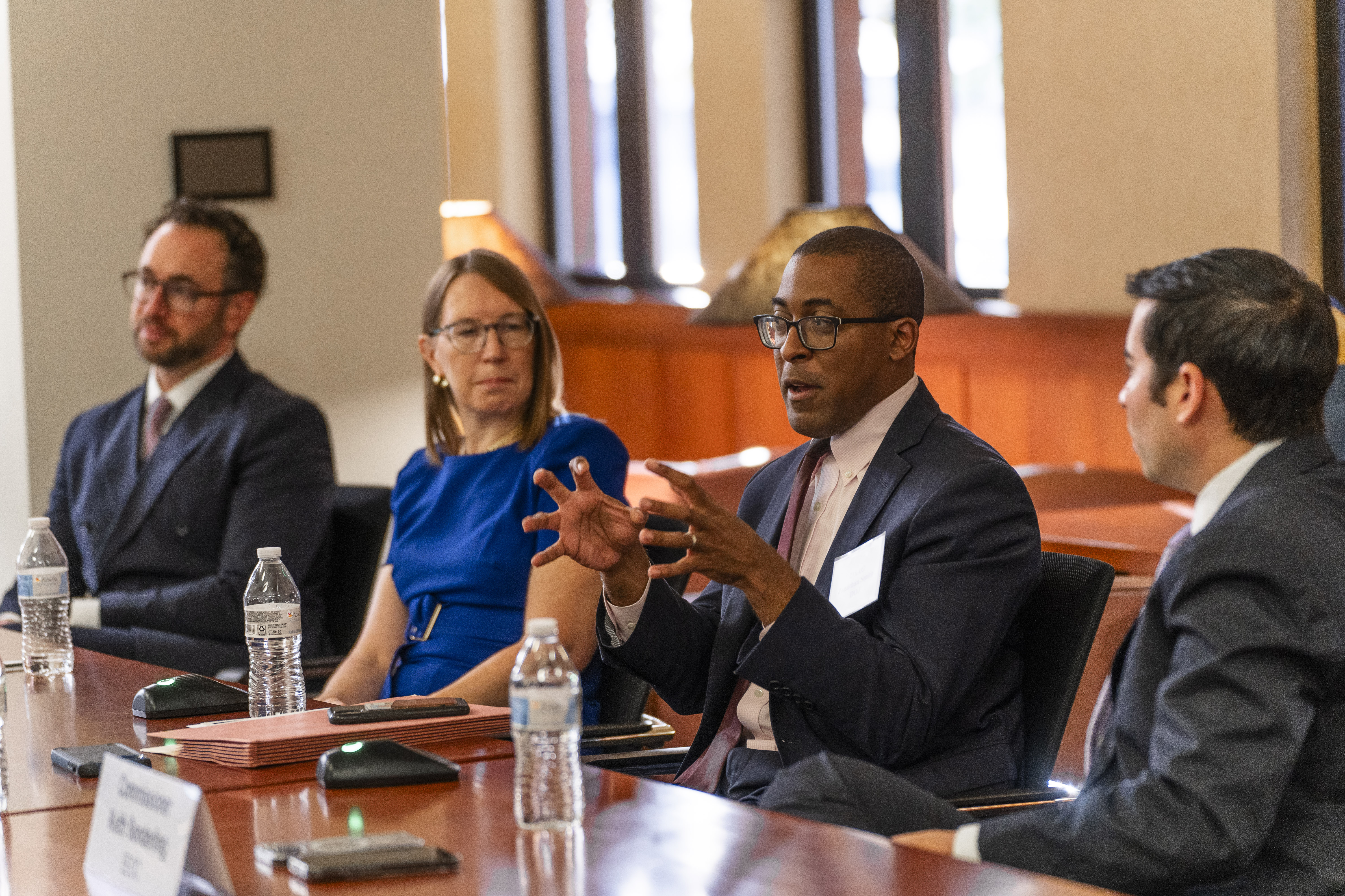The George Washington Law Review's Vol. 92 Annual Symposium Dean Gavoor, a woman, and two men talking on a panel