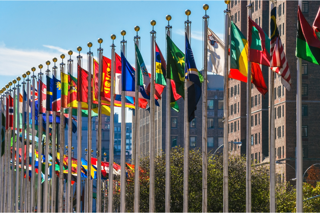 flags of different countries on flag poles swaying in the air