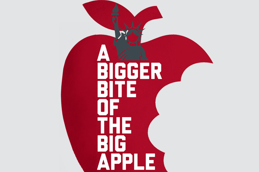 A bigger bite of the big apple text in a graphic of a red bitten apple