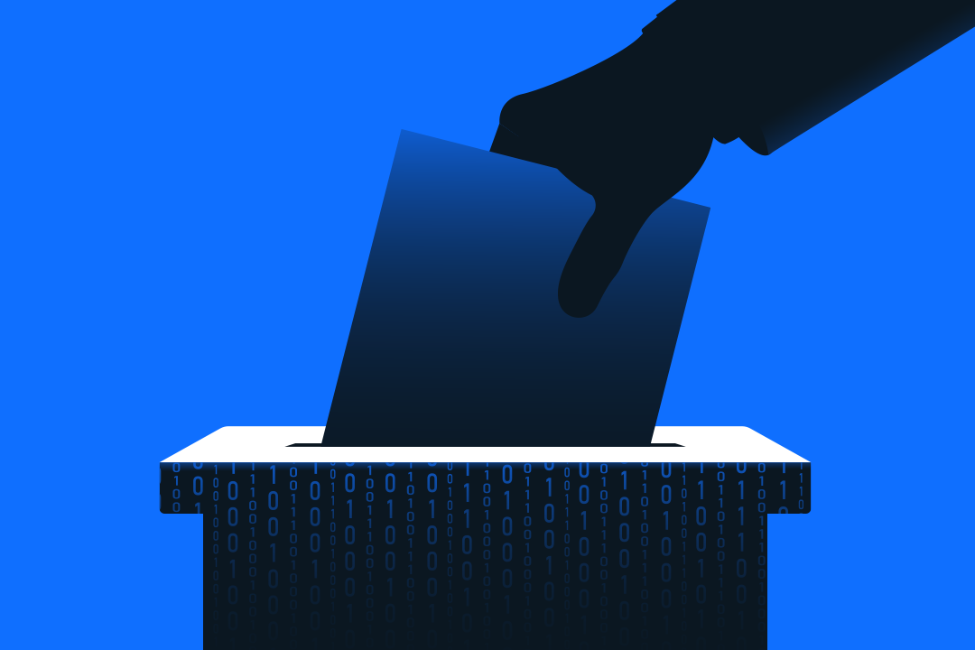 Hand putting ballot paper in a box with binary code.