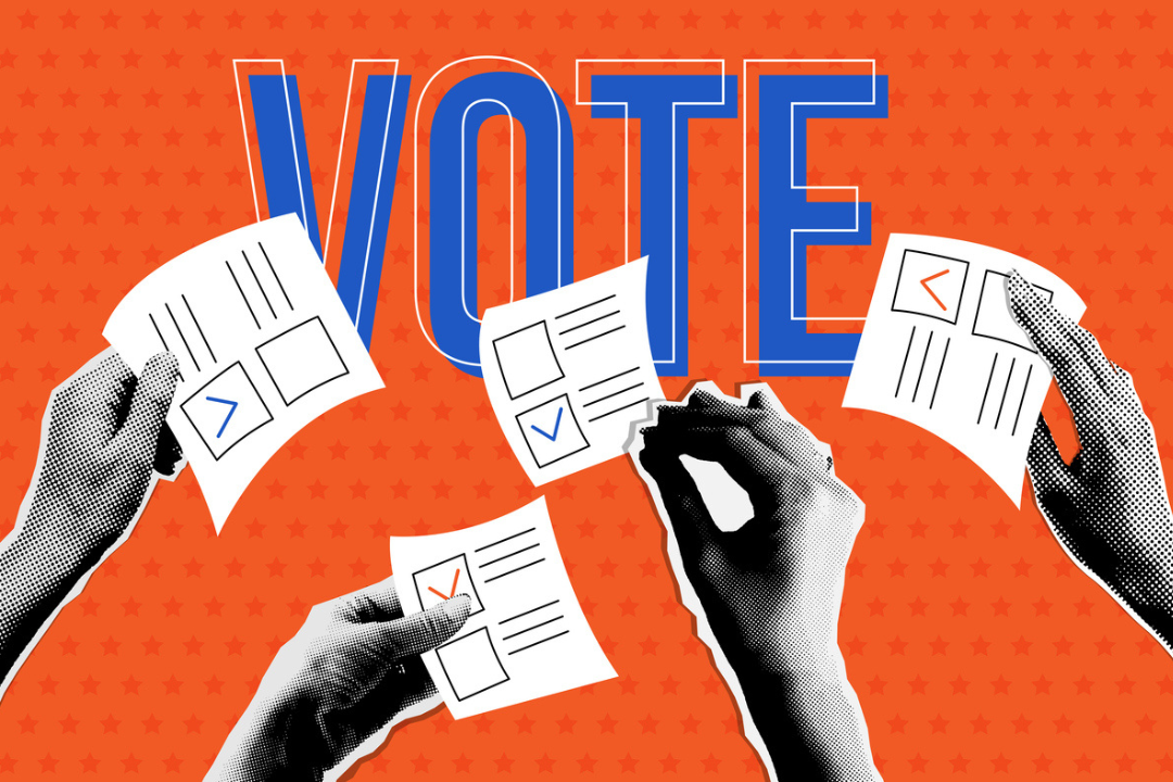 Voting concept. People's hands holding vote ballots in trendy halftone collage style. Vector dotted Cutouts magazines. 2024 president election concept