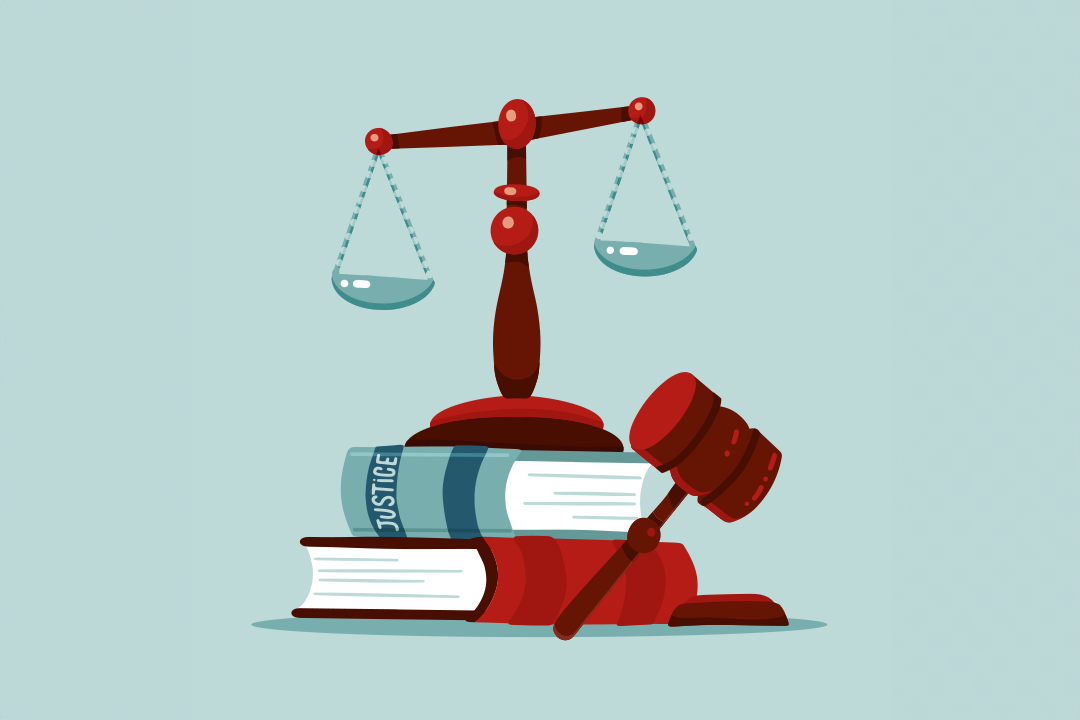 Justice scales and wooden judge gavel concept. Law hammer sign with books of laws. Legal law and auction symbol. 