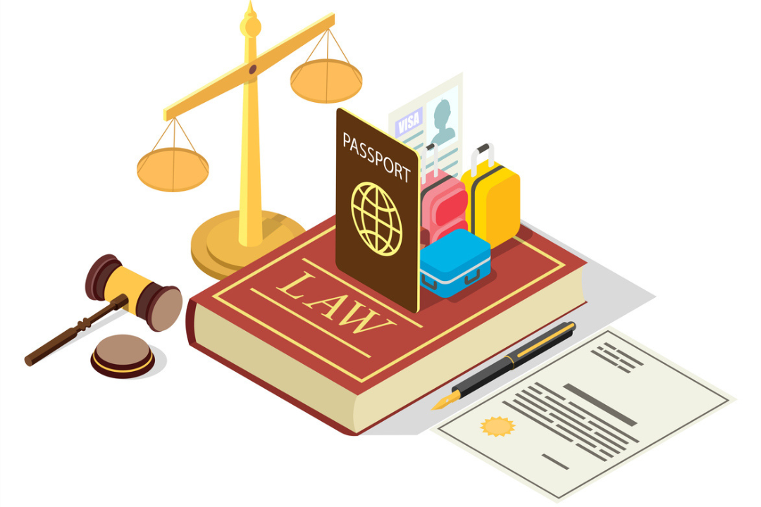 Immigration law vector concept illustration. Legal symbols Law book with passport, visa, suitcases, scales of justice, judge gavel, agreement. Isometric composition for web banner, website page, etc.