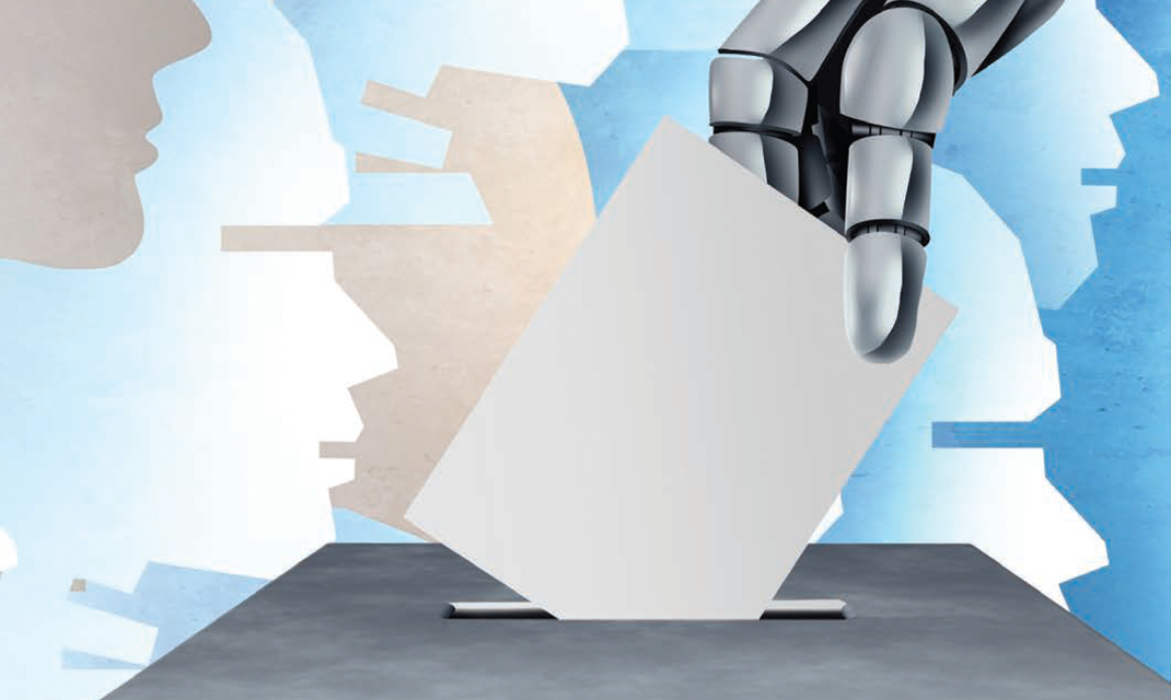 Robot hand submitting a ballot into a box.