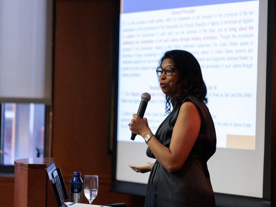 Mélida Hodgson speaking at the Brand-Manatt lecture.