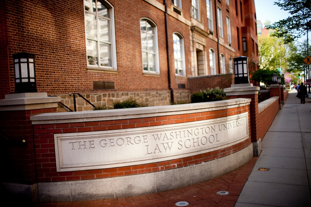 An exterior photo of the George Washington Law School building