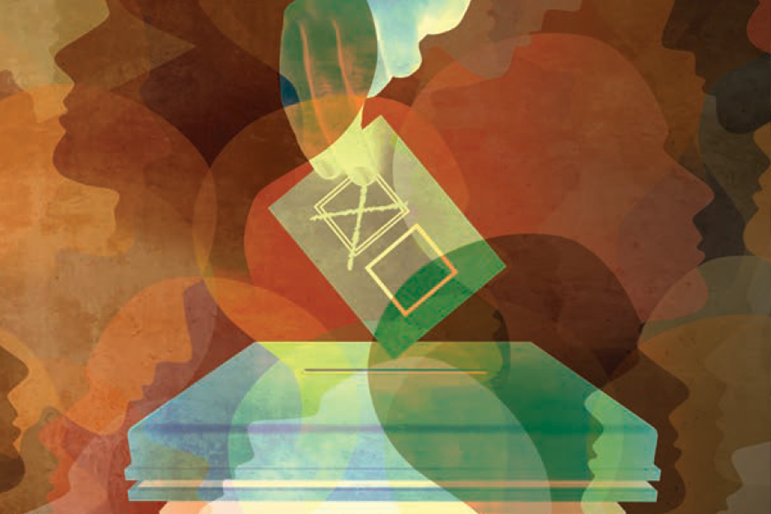 Illustration of a hand submitting a ballot into a box.