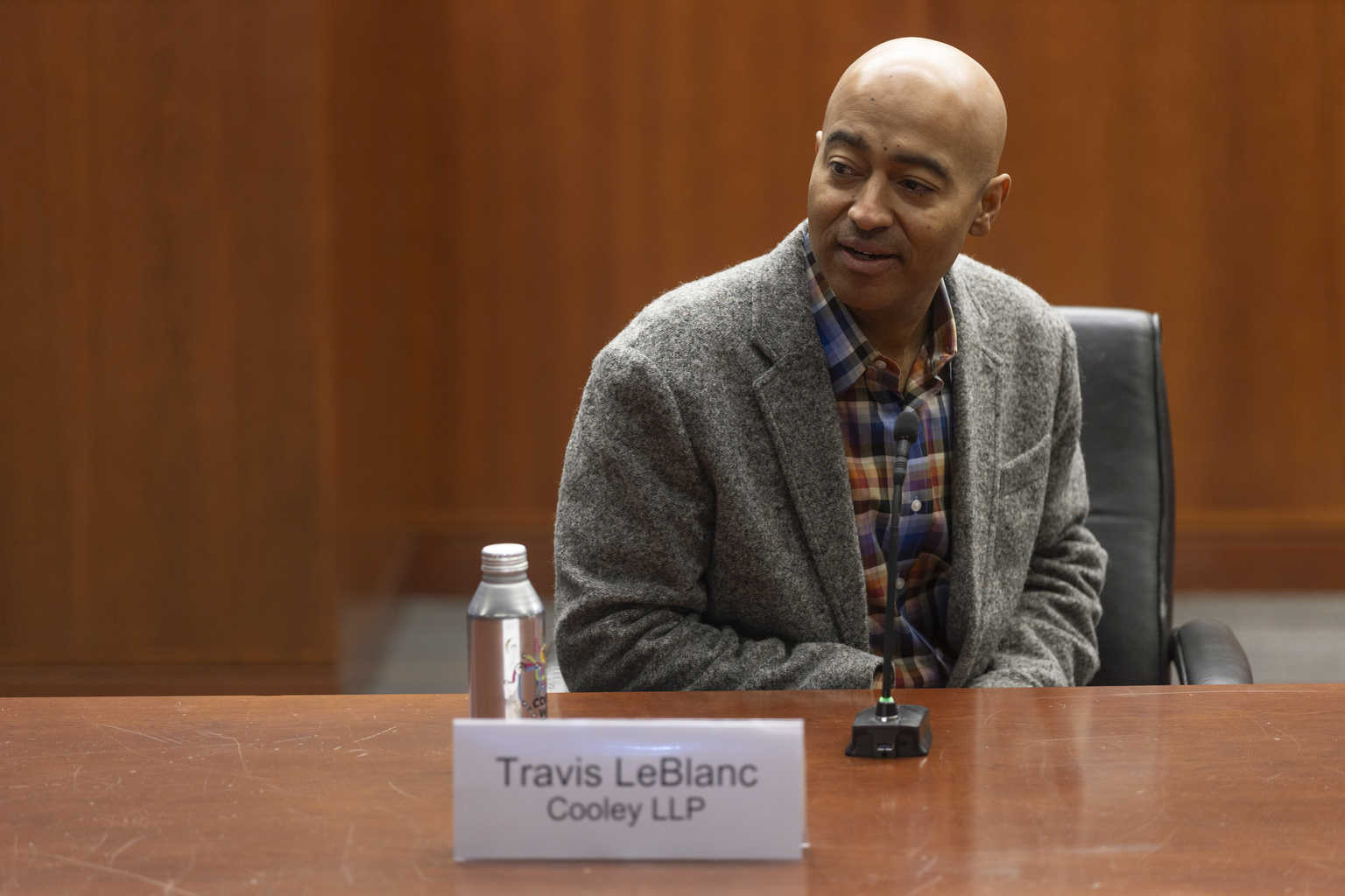 Travis LeBlanc, a panelist at the GW JOLT 2025 Symposium, listens to a question.