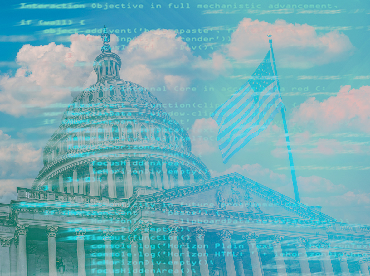 The US Capitol with coding written on it.