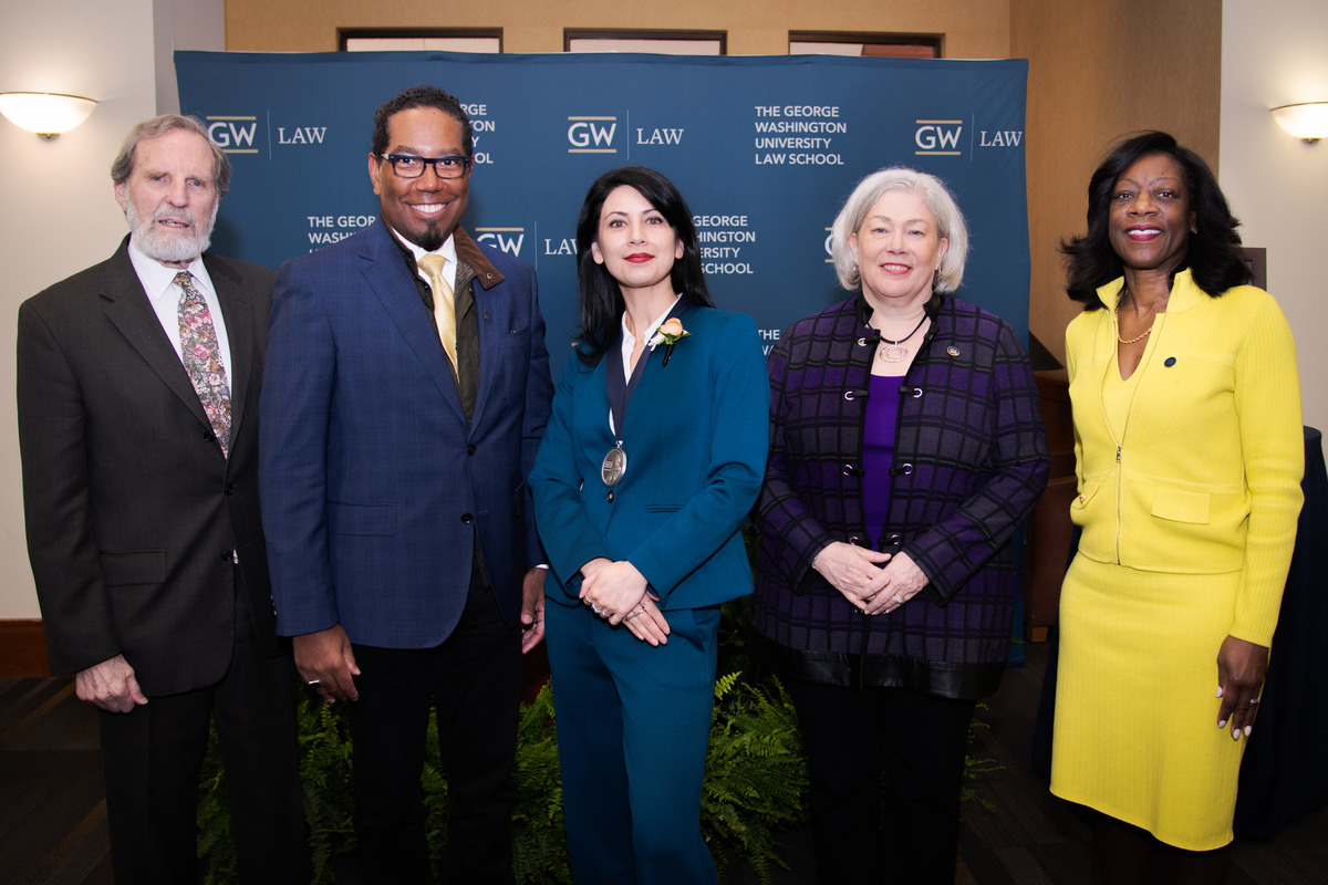 From left, Alan B. Morrison, Christopher Alan Bracey, Mary Anne Franks, Ellen M. Granberg, and Dayna Bowen Matthew celebrated the installation. (Photo by Abby Greenawalt)