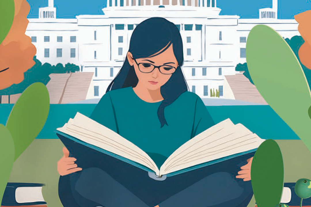 Graphic illustration of a girl reading a book in front of the Capitol with greenery around her.