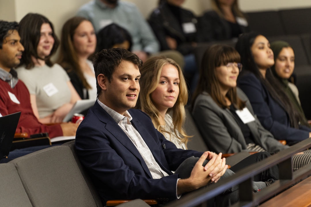 Student sitting in Burns Moot Courtroom listening to a lecture.