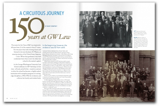 Magazine spread titled "A Circuitous Journey: 150 Years at GW Law"