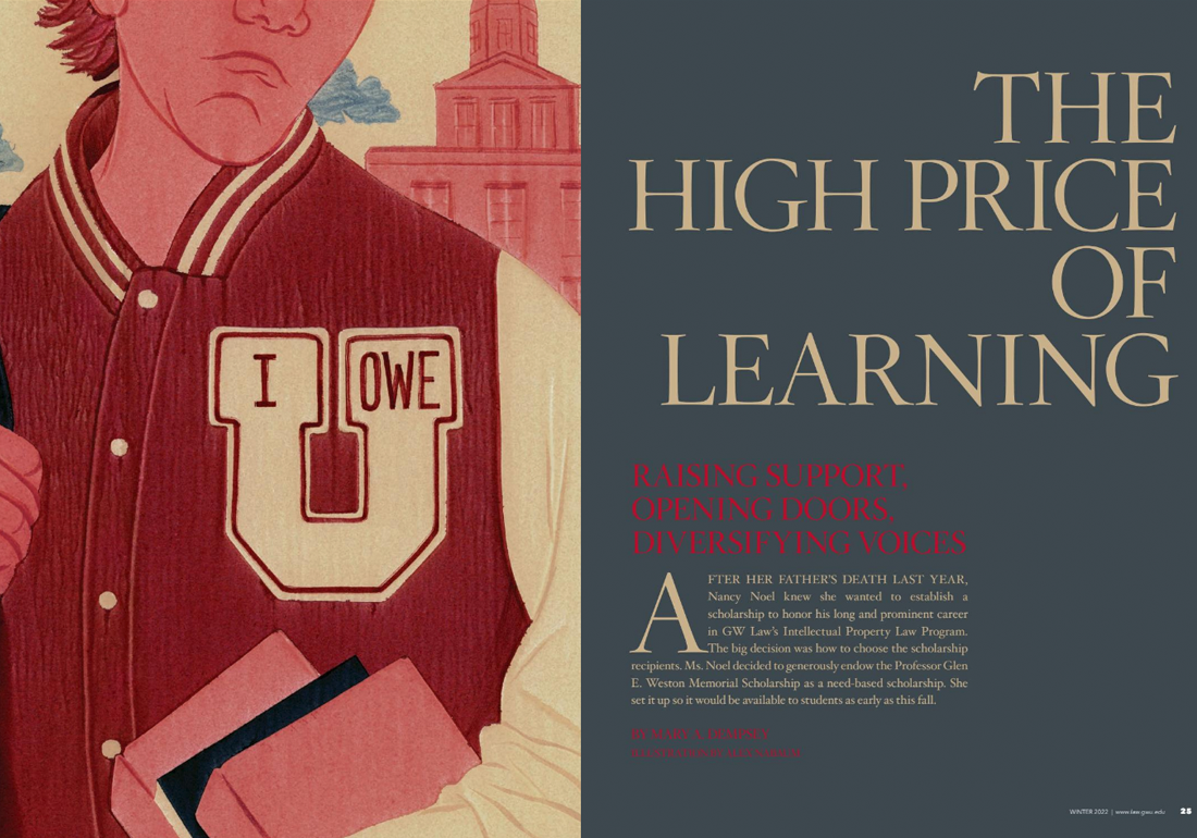 Illustration of student in letterman jacket. Text: The High Price of Learning