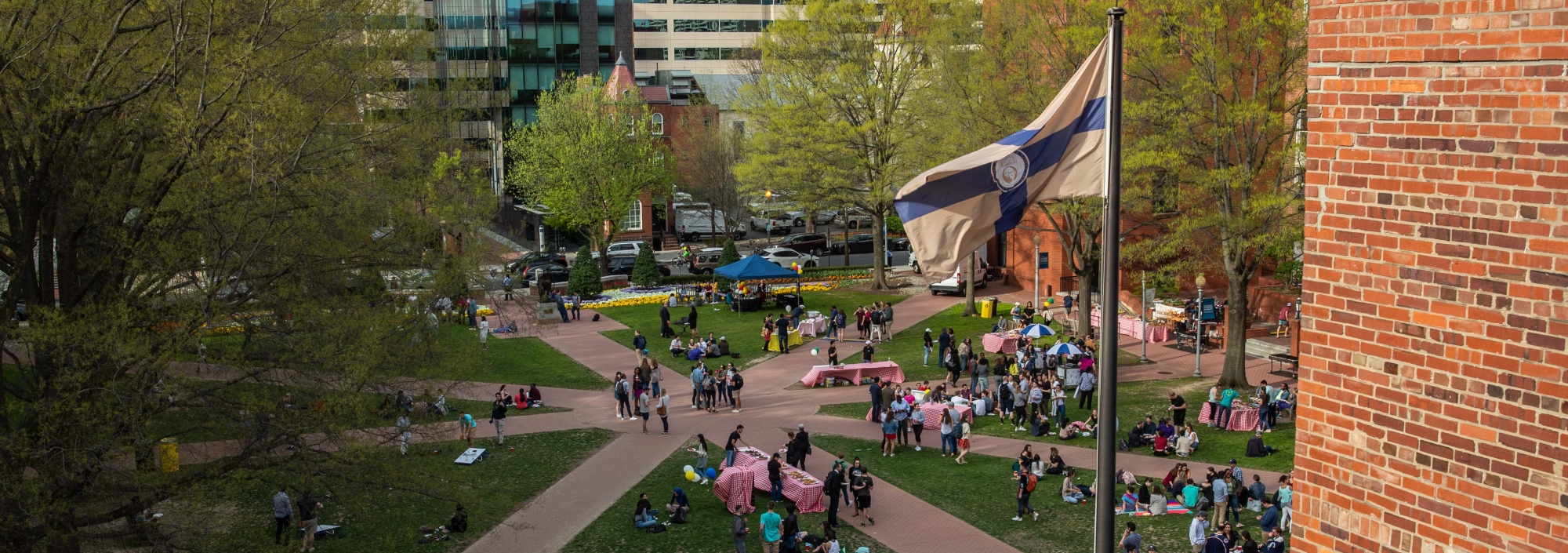 Aerial shot of GW quad during Dean's Jeans Day