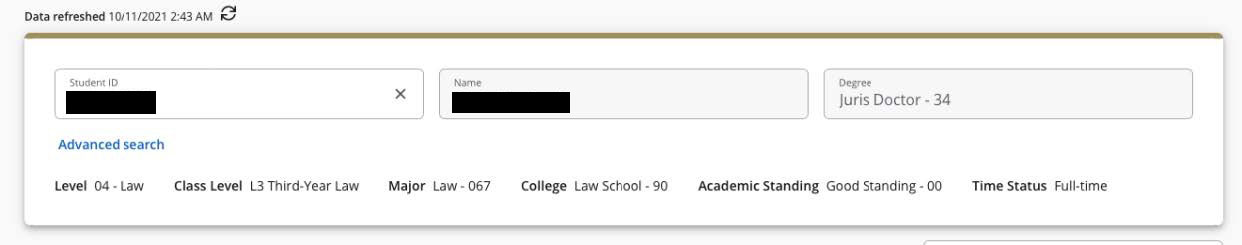 The image includes three fields noting an example student ID, name, and degree. The degree for the example student is juris doctor – 34. It notes that the level is a 4-law, class level is L3 third-year-law, major is law-067, college is law school-90, academic standing is good standing - 00, time status is full time.