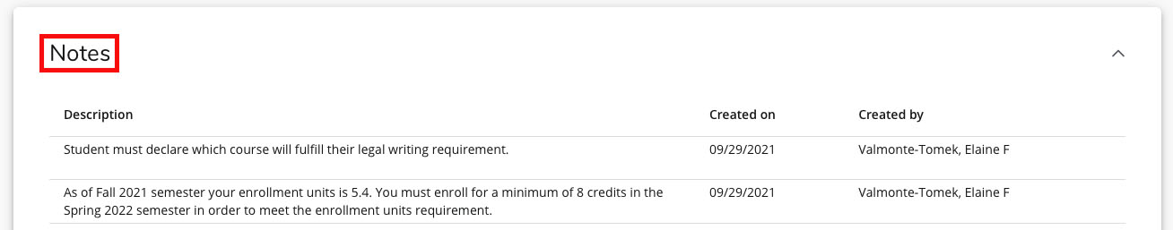 The first line of the image is the word “notes” inside a red rectangle. The next line consists the three chart headings: description, create it on, created by. The first-row description reads “student must declare which course will fulfill their legal requirement.” Created on September 29th, 2021 by Valmonte-Tomek, Elaine F. The first-row description reads “as a fall 2021 semester your enrollment unit is 5.4. You must enroll for a minimum of eight credits in the spring 2022 semester in order to m