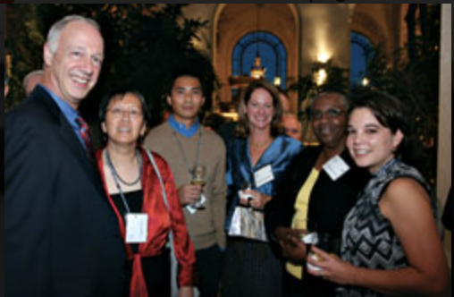 Norma Lamont (The Organization of American States Headquarters provided a beautiful backdrop for dinner. (From left) Professor Peter Meyers, JD ’71, and his wife, Laura Chin, MA ’71; Jerome Lopez; Alice Sullivan Fitzgerald, JD ’ copy
