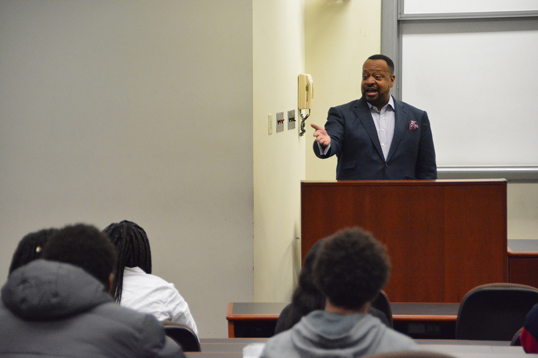 Professor Roger A. Fairfax, Jr. lectures to a group of high school students.