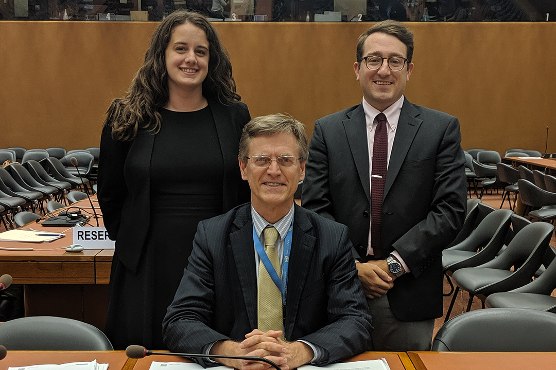 A photo of Alexandra Utech, Professor Sean Murphy, and Hayden Pendergrass