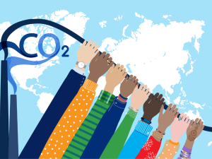 An illustration of a smoke stack with CO2 and an arrow pointing downwards with multicultural hands holding the line