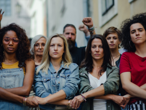 Portrait of group of people activists protesting on streets, women march and demonstration concept.