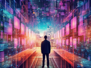 A person standing with an ai-generated background