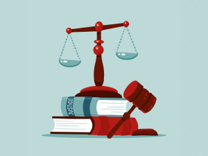 Justice scales and wooden judge gavel concept. Law hammer sign with books of laws. Legal law and auction symbol.
