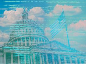 The US Capitol with coding written on it.