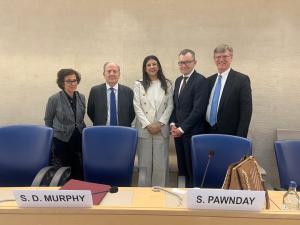 From right to left, Professor Murphy: Ambassador Jürg Lauber, President of the U.N. Human Rights Council; Savita Pawnday, Executive Director of the Global Centre for the Responsibility to Protect; Juan Méndez, former Special Adviser to the U.N. Secretary-General on the Prevention of Genocide; and Nada Al-Nashif, U.N. Deputy High Commissioner for Human Rights