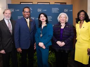 From left, Alan B. Morrison, Christopher Alan Bracey, Mary Anne Franks, Ellen M. Granberg, and Dayna Bowen Matthew celebrated the installation. (Photo by Abby Greenawalt)