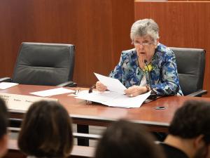Judge Elizabeth Odio Benito speaks at the a lecture