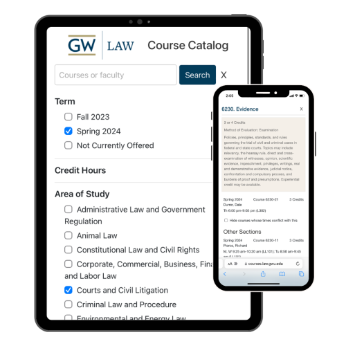 Screenshots of GW Law's Course Catalog homepage and course description for Evidence - 6230