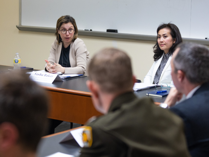 Sasha Baker and Elizabeth Phu talking at the DoD roundtable