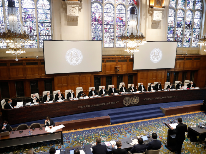 Judges sitting on the ICJ courtroom panel