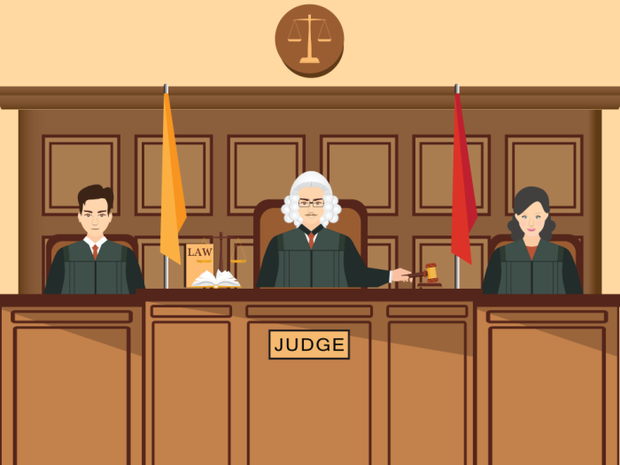 A graphic of three judges sitting on a bench
