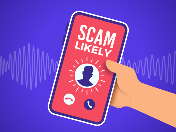 An illustration of a "scam likely" on a cell phone
