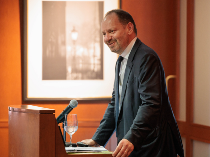 Philippe Sands speaking at podium