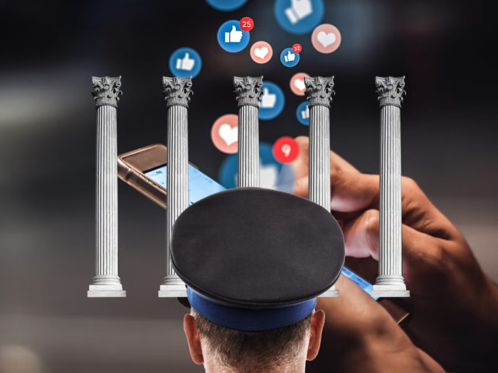 A soldier, the columns at the Supreme Court, and a phone with social media graphics popping out of it