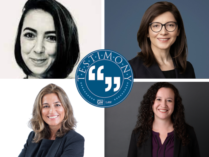 Ana Da Motta, Nicoleta Timofti, Sandra Pohlman, and Tania Valdez with the Testimony podcast logo in the middle