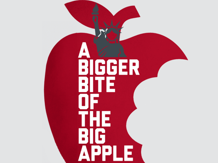A bigger bite of the big apple text in a graphic of a red bitten apple